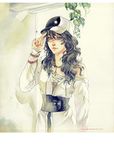  baseball_cap black_hair breasts cleavage coat copyright_request face green_eyes hat jewelry lips long_hair long_sleeves medium_breasts necklace off_shoulder phong_anh ring solo star themed_object traditional_media watercolor_(medium) yin_yang 