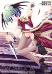  ahoge breasts card ear_piercing falling_card fang fishnet_legwear fishnets fur green_hair holding holding_card ishihara_masumi knife laughing nipples piercing purple_eyes ragnarok_online rogue_(ragnarok_online) small_breasts solo thighhighs wings 