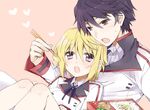  1girl bad_id bad_pixiv_id black_hair blonde_hair brown_eyes charlotte_dunois chopsticks feeding heart infinite_stratos nakayama_miyuki obentou open_mouth orimura_ichika purple_eyes short_hair simple_background 