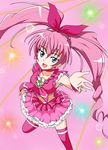  blue_eyes bow choker cure_melody dress earrings frills from_above heart highres houjou_hibiki jewelry long_hair magical_girl midriff pink_bow pink_choker pink_hair precure solo suite_precure thighhighs tokiani wrist_cuffs 