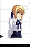  absurdres ahoge aotsuki_takao artoria_pendragon_(all) blonde_hair braid collaboration fate/stay_night fate_(series) green_eyes hair_bun hair_ribbon highres ribbon saber short_hair solo takeuchi_takashi 