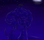  blue_eyes bulge claws danandnite dragon hair male moon muscles night nipples package pants reptile scalie standing stars tail 