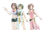  aerith_gainsborough black_hair brown_hair choker closed_eyes dress final_fantasy final_fantasy_vii green_eyes headband long_dress long_hair midriff multiple_girls pink_dress pointing ponytail red_eyes scarf short_hair simple_background skirt suspender_skirt suspenders tifa_lockhart yuffie_kisaragi yuma_kira 