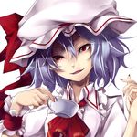  ascot bad_id bad_pixiv_id blue_hair cup face fang fingernails hands hat hat_ribbon matsuyama_nozomu nail_polish red_eyes remilia_scarlet ribbon short_hair slit_pupils smile solo teacup touhou upper_body wrist_cuffs 