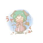  &gt;_&lt; animal_ears bandaid broom chibi closed_eyes crossed_bandaids dekasudachin dress fang green_hair kasodani_kyouko ofuda open_mouth pink_dress solo standing tail tears touhou wavy_mouth yin_yang 