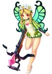  bare_legs blonde_hair bow_(weapon) braid butterfly_wings choker crossbow fairy flat_chest flower hair_flower hair_ornament highres mercedes namaru_(summer_dandy) odin_sphere red_eyes simple_background solo standing standing_on_one_leg twin_braids weapon wings 
