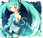  \m/ aqua_hair blush closed_eyes detached_sleeves hatsune_miku long_hair minamiya_mia necktie skirt smile solo sparkle thighhighs twintails very_long_hair vocaloid zettai_ryouiki 