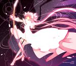  aiming alternate_costume arrow bad_id bad_pixiv_id boots bow_(weapon) glowing hobak kaname_madoka long_hair mahou_shoujo_madoka_magica orange_eyes pink_footwear pink_hair solo spoilers thigh_boots thighhighs ultimate_madoka weapon yellow_eyes 