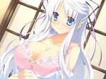  blue_eyes blush bra breasts cleavage lace lace_bra large_breasts lingerie long_hair narumi_yuu_(bunbukudou) off_shoulder oni_gokko! ribbon saionji_otome smile solo underwear white_hair 