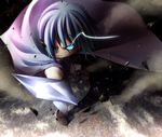  aiming_at_viewer angry aqua_eyes bad_id bad_pixiv_id blue_eyes blue_hair blurry cape depth_of_field foreshortening from_above futakabe glowing glowing_eyes hair_over_one_eye mahou_shoujo_madoka_magica miki_sayaka motion_blur short_hair solo sword thighhighs weapon white_legwear 