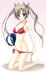  ball barefoot beachball bikini grey_hair long_hair mimimi_(bodychan) original red_eyes solo swimsuit twintails untied 