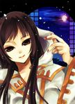  aya_gozen brown_eyes brown_hair epeca female full_moon hood long_hair moon nail_polish night robe sengoku_musou sengoku_musou_3 sky solo window 