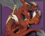  balls big_penis black_horns butt cum cumshot dragon erection feral gay horn hot_dogging licking licking_lips male morca_(character) nude orgasm penis precum razr razr_(character) red_body red_scales scalie sex size_difference tongue western_dragon wings 