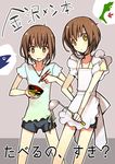  apron bad_id bad_pixiv_id bowl brown_eyes brown_hair chopsticks fish ladle multiple_girls original saikawa_yusa saliva short_hair shorts translation_request 