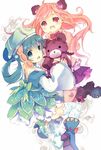  bad_id bad_pixiv_id boots bow extra floral_print girl_with_bear_(madoka_magica) green_eyes green_hair hat kedama_milk looking_back mahou_shoujo_madoka_magica multiple_girls pink_hair print_legwear red_eyes skirt stuffed_animal stuffed_toy teddy_bear thighhighs tibetan_girl_(madoka_magica) 