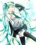  detached_sleeves green_eyes green_hair hatsune_miku highres long_hair necktie salute shina-love skirt solo thighhighs twintails very_long_hair vocaloid 
