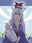  baby_bottle blue_hair bottle breasts foreshortening giving hat highres horn_ribbon horns kamishirasawa_keine large_breasts leaning_forward long_hair looking_at_viewer milk milk_bottle multicolored_hair ogata_hiro ribbon silver_hair solo touhou two-tone_hair white_hair 