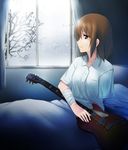  amputee bandages bed brown_eyes brown_hair commentary guitar hirasawa_yui injury instrument k-on! kaiga short_hair short_sleeves snowing solo sonata_arctica window 