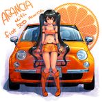  arancia armband bare_shoulders black_hair boots boyaking car english fiat fiat_nuova_500 food fruit ground_vehicle leaning_back long_hair midriff miniskirt motor_vehicle navel orange orange_(color) orange_eyes orange_skirt original skirt sleeveless smile solo tank_top twintails very_long_hair wristband 