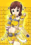  amami_haruka brown_hair fingerless_gloves gloves green_eyes hair_ribbon highres idolmaster idolmaster_(classic) mojipittan navel ribbon short_hair shorts solo sterndorf yellow 