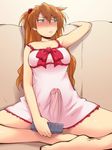  arm_support blush cameltail clothed embarrassed futanari hair_ornament hairu jpeg_artifacts long_hair negligee neon_genesis_evangelion penis photoshop precum red_hair remote shikinami_asuka_langley soryu_asuka_langley souryuu_asuka_langley 