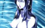  1girl afro_samurai areolae black_eyes blue_hair breasts earrings jewelry large_breasts lips lipstick long_hair makeup night nipples nude okiku_(afro_samurai) river solo takashi_okazaki water wet 