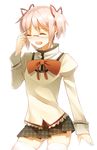  bad_id bad_pixiv_id bespectacled blush bow closed_eyes glasses hair_ribbon kakei kaname_madoka mahou_shoujo_madoka_magica mitakihara_school_uniform pink_hair ribbon school_uniform short_hair short_twintails skirt smile solo thighhighs twintails zettai_ryouiki 