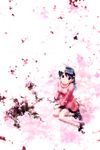  blue_hair cherry_blossoms dress green_eyes hairband highres ikeda_jun_(mizutamari) legs long_hair original petals sitting smile solo 