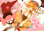  bad_id bad_pixiv_id beret blonde_hair boots charlotte_(madoka_magica) detached_sleeves drill_hair fingerless_gloves food fruit gloves gun hair_ornament hairpin hat kumatani magical_girl magical_musket mahou_shoujo_madoka_magica one_eye_closed open_mouth pleated_skirt pointing puffy_sleeves ribbon rifle skirt strawberry striped striped_legwear thighhighs tomoe_mami twin_drills twintails vertical-striped_legwear vertical_stripes weapon yellow_eyes zettai_ryouiki 