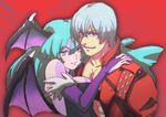  1girl bat_wings blue_eyes capcom company_connection crossover dante_(devil_may_cry) devil_may_cry gagyoumujou green_eyes green_hair head_wings hug long_hair marvel_vs._capcom marvel_vs._capcom_3 morrigan_aensland muscle shirtless short_hair silver_hair smile trench_coat vampire_(game) wings 