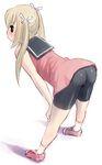  ass bare_shoulders bent_over bike_shorts blonde_hair blush bow hair_bow hair_ornament katatsuka_kouji looking_back original shadow simple_background socks solo twintails white_background 