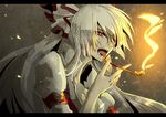  bad_id bad_pixiv_id fangs fire fujiwara_no_mokou iketa kiseru letterboxed pipe red_eyes smoking solo tongue touhou white_hair 