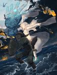  1girl animal_ears arrow battle clenched_teeth dark_clouds dragon dress dutch_angle fire fireball highres horizon knee_pads long_hair magic ocean ooba pixiv_fantasia pixiv_fantasia_5 shield sky sword tail teeth tornado wading water waves weapon white_dress white_eyes white_hair 