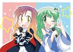  detached_sleeves geetsu green_eyes green_hair hair_ornament hijiri_byakuren kochiya_sanae long_hair microphone multicolored_hair multiple_girls one_eye_closed touhou yellow_eyes 