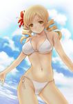  bikini blonde_hair blue_sky breasts cleavage cloud contrapposto day drill_hair flower hair_flower hair_ornament hibiscus hijiri_ruka jpeg_artifacts large_breasts mahou_shoujo_madoka_magica navel outstretched_arms side-tie_bikini sideboob sky smile solo spread_arms standing swimsuit tomoe_mami twin_drills twintails underboob white_bikini yellow_eyes 
