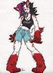  2007 black_hair cutoffs exiles female hair hyena kwik looking_at_viewer midriff mohawk navel open_mouth pink_hair punk purple_eyes red shorts skimpy solo spots standing white white_background 