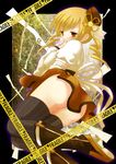  anni_shiro ass bad_id bad_pixiv_id beret blonde_hair blush boots caution_tape covering_mouth drill_hair gun hat lying mahou_shoujo_madoka_magica no_panties on_side puffy_sleeves rifle solo thighhighs tomoe_mami weapon yellow_eyes 