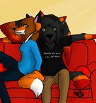  anthro anthro_fox black_fur canine clothing color cuddling cuddly cute duo english_text feathers female flame_markings fox friends fur invalid_tag jeans leaning leaning_against male mammal nerd orange_fur orange_markings pants rachel_fox relaxing shirt sofa steelwings sweater text wings wolf yellow_eyes 