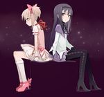  akemi_homura back-to-back black_hair blush gloves hands high_heels kaname_madoka long_hair looking_back magical_girl mahou_shoujo_madoka_magica multiple_girls oekaki pantyhose pink_hair profile purple_eyes purple_skirt shoes short_hair sitting skirt tears ume_(datsuryokugen) white_gloves 