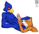  anthro avian balls biceps big_penis canine duo falco_lombardi feathers fellatio fox fox_mccloud fur gay interspecies kp-yoshi male mammal muscles nintendo nude oral oral_sex pecs penis plain_background sex star_fox video_games white_background 