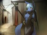  &omega; anubian_jackal belt black blue blue_hair breasts canine cleavage egyptian female gloves green_eyes hair jackal long_tail looking_at_viewer solo tail tent tsampikos tsenaya wallpaper weapon 