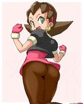  ass brown_hair earrings gloves green_eyes hair_pulled_back hairband isu jewelry kobun looking_back lowres oekaki pantyhose pink_hairband rockman rockman_dash short_hair tron_bonne when_you_see_it 