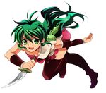  ahoge choker creature dagger deltora_quest full_body green_eyes green_hair holding holding_dagger holding_weapon jasmine_(deltora_quest) long_hair messy_hair open_mouth running shuragyoku_mami simple_background skirt smile solo thighhighs weapon zettai_ryouiki 
