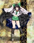  adapted_costume arms_behind_head bad_id bad_pixiv_id black_hair black_wings blush bow breasts cape green_bow hair_bow highres large_breasts large_wings long_hair midriff navel nekokotei open_mouth red_eyes reiuji_utsuho smile solo third_eye touhou wings 
