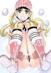  bad_id bad_pixiv_id blonde_hair boots bottomless bukkake censored cum fingerless_gloves gag gagged gloves helmet knee_pads knees_on_chest legs_up lying masao on_back original pussy solo spread_pussy tissue twintails yellow_eyes 