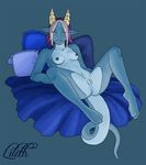  anus bed blue breasts demeterservant dragon female horns nude on_back pillow pussy scalie solo spread_legs spreading 