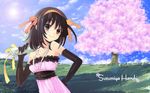  brown_eyes brown_hair cherry_blossoms dress elbow_gloves field gloves hairband holding itou_noiji jewelry looking_at_viewer necklace short_hair smile suzumiya_haruhi suzumiya_haruhi_no_yuutsu suzumiya_haruhi_no_yuuutsu tree 