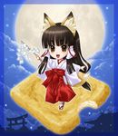  :d aburaage animal_ears black_hair brown_eyes chibi cloud eichikei_(hakuto) food fox_ears fox_tail full_moon gohei japanese_clothes long_hair miko moon night night_sky oonusa open_mouth original sky slit_pupils smile solo tail torii 