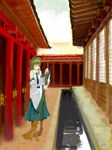  ann606 broom closed_eyes green_hair japanese_clothes kochiya_sanae miko shrine solo tegaki touhou 
