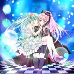  41y_(yooichiwai) aqua_eyes aqua_hair bare_legs bare_shoulders black_legwear blue_eyes carrying checkered checkered_floor colorized hand_on_another's_face hat hatsune_miku highres kneeling light_particles long_hair megurine_luka mini_hat mini_top_hat multiple_girls necktie noumin pink_hair pleated_skirt ponytail princess_carry skirt sleeveless thighhighs top_hat twintails vocaloid wrist_cuffs yuri zettai_ryouiki 